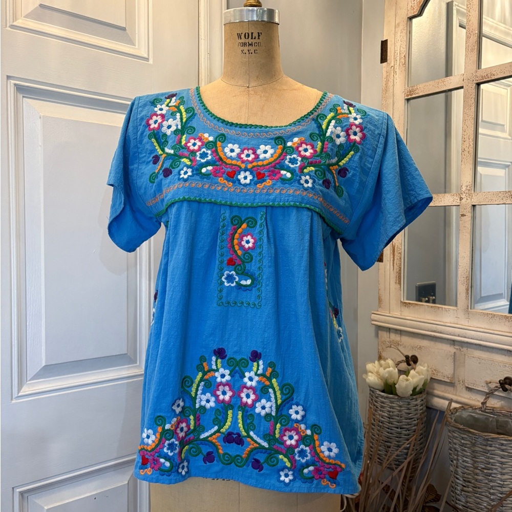 Floral Embroidered Women's Top in Blue Boho Comfy & Stylish Relaxed Fit Size L
